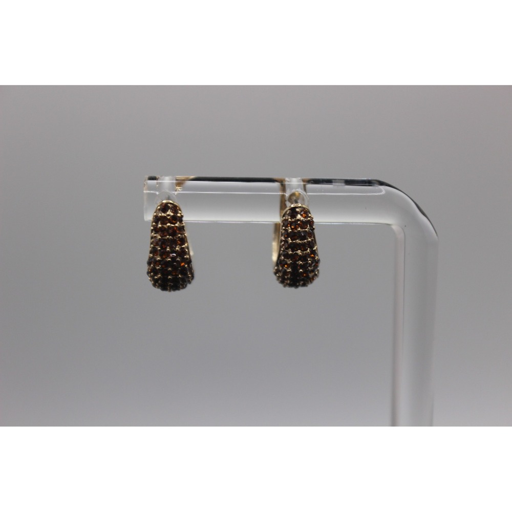 Gold Tone Garnet Pave Huggie Hoop Earrings Brown Crystal Sparkle